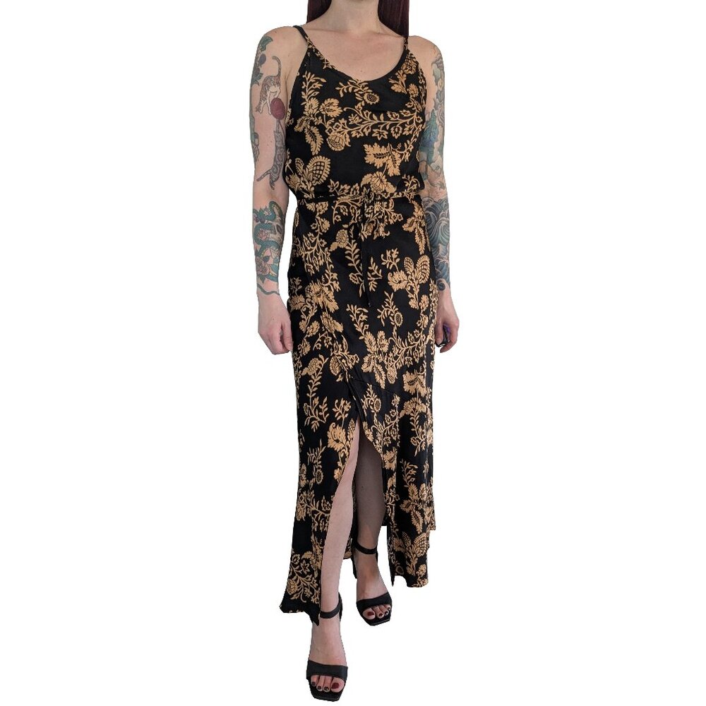 ZARA Black and Gold Floral Wrap Maxi Dress | S